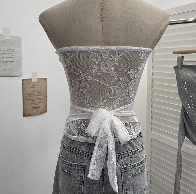 Rhinestone-Trimmed Lace Tube Top