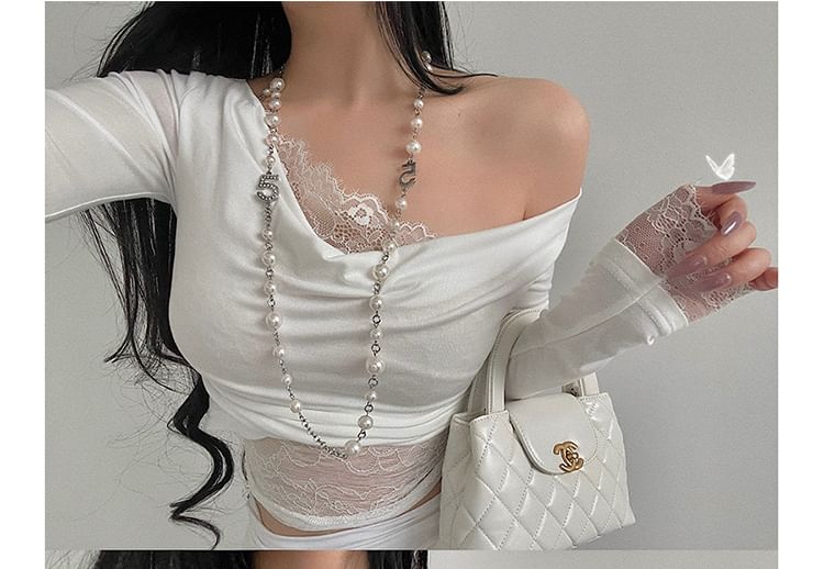 Off-Shoulder Ruched Crop Top with Lace Panels