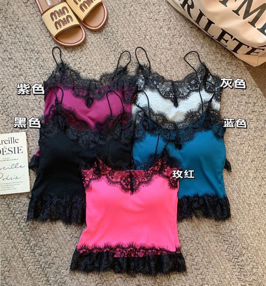 Ribbed V-Neck Lace Crop Cami - LaceLux