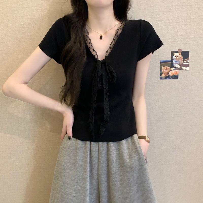 Tie-Front Lace Knit Top with V-Neckline
