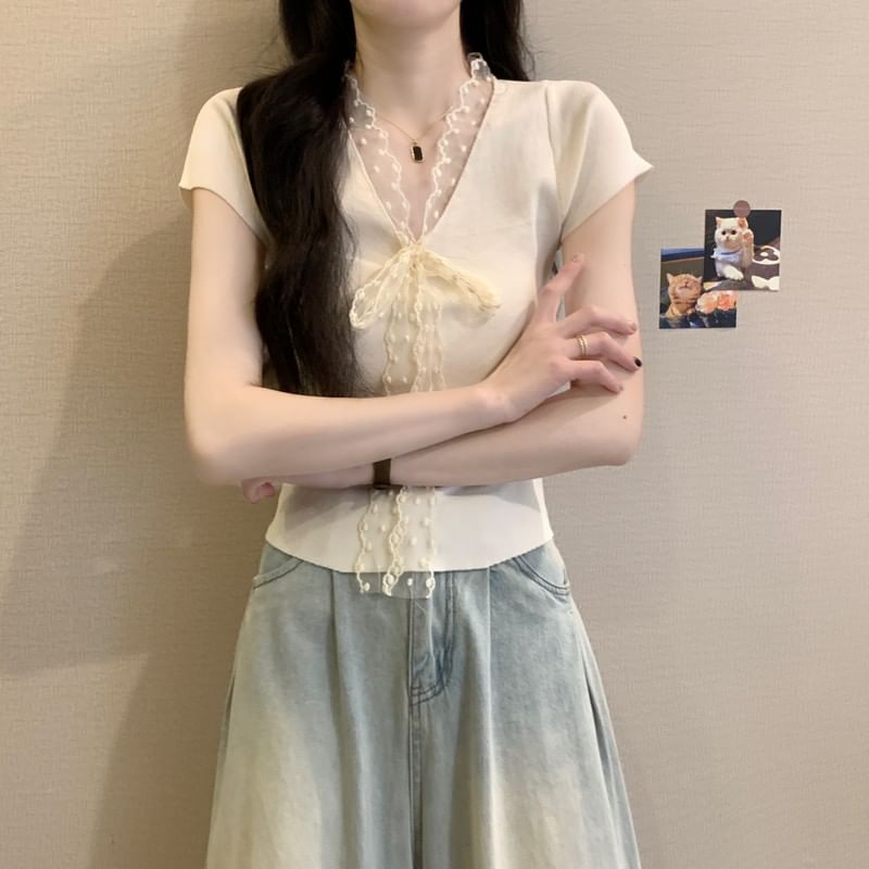 Tie-Front Lace Knit Top with V-Neckline