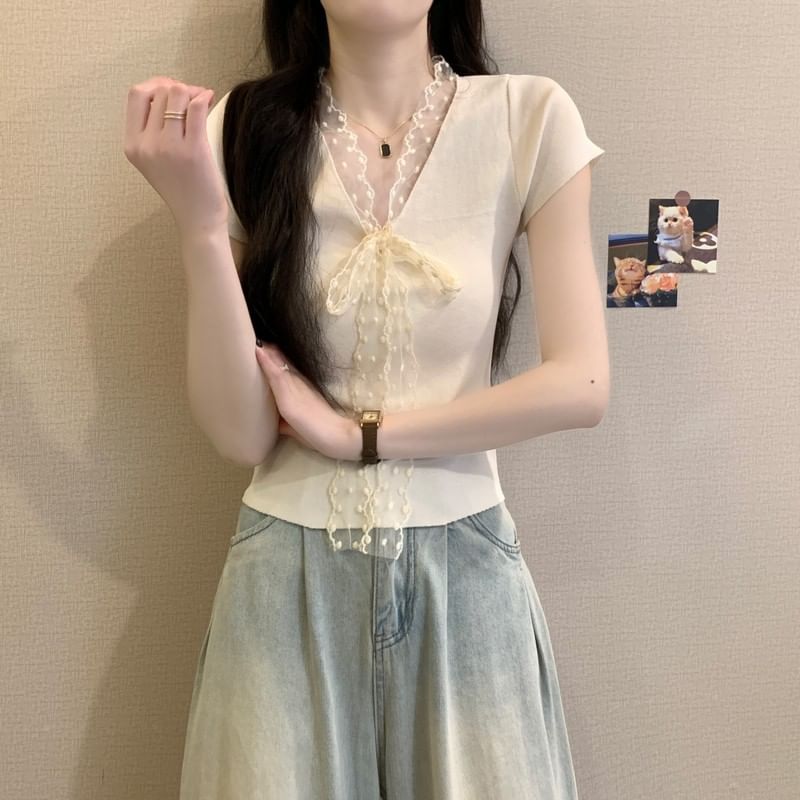 Tie-Front Lace Knit Top with V-Neckline