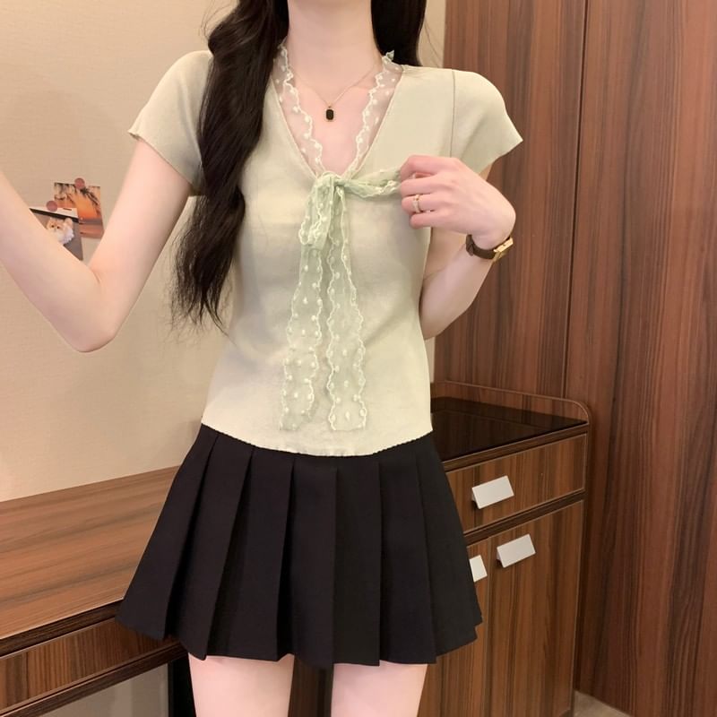 Tie-Front Lace Knit Top with V-Neckline