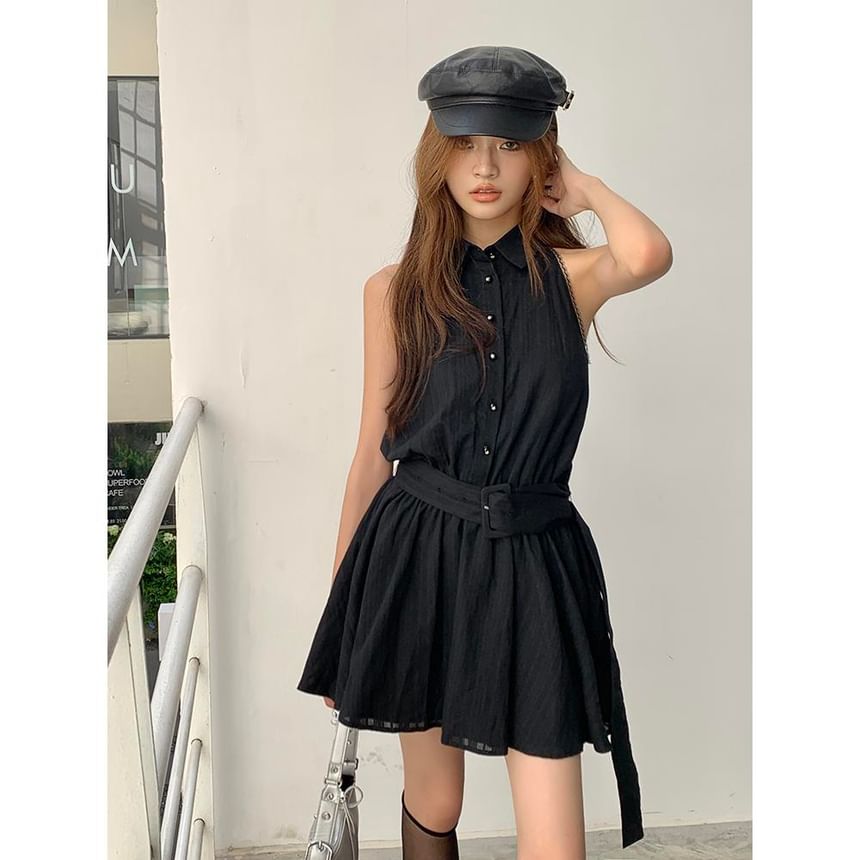 Dress Belted Striped A-Line Mini Collared Sleeveless