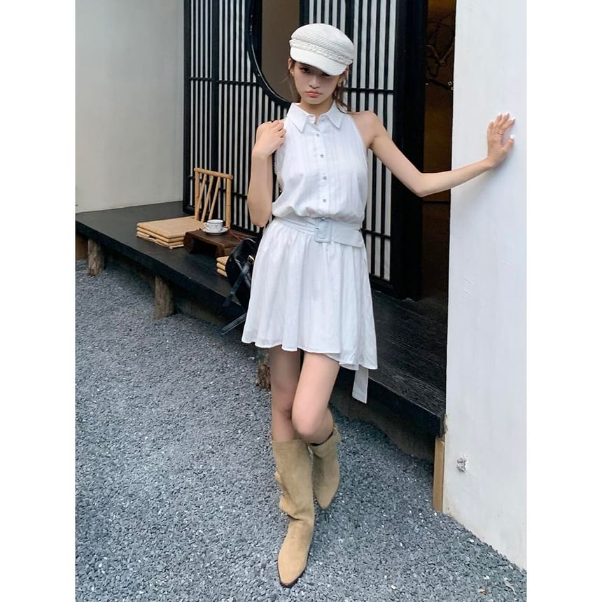 Dress Belted Striped A-Line Mini Collared Sleeveless
