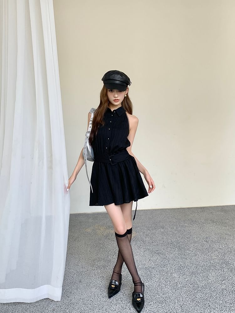 Dress Sleeveless Striped A-Line Mini Collared Belted