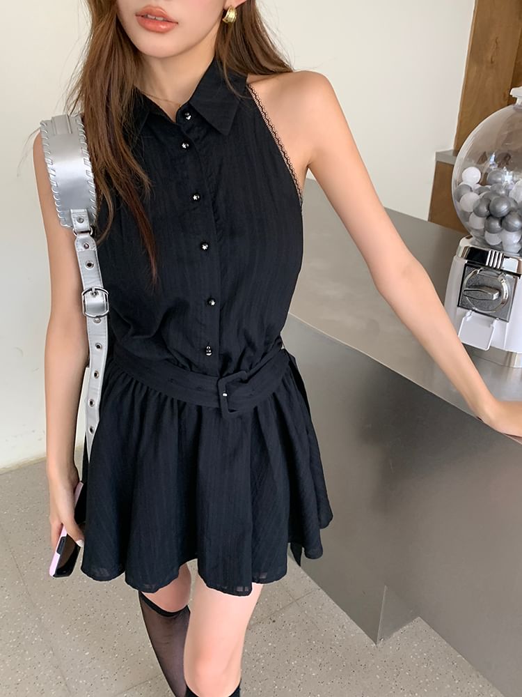 Dress Sleeveless Striped A-Line Mini Collared Belted