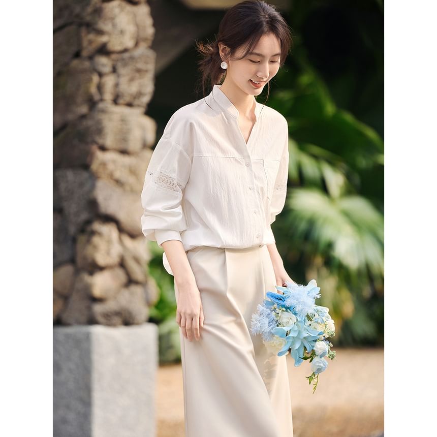 Stand-Collar Long-Sleeve Lace Blouse - LaceLux