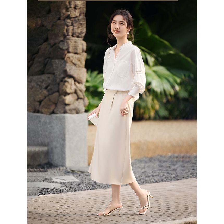 Stand-Collar Long-Sleeve Lace Blouse - LaceLux