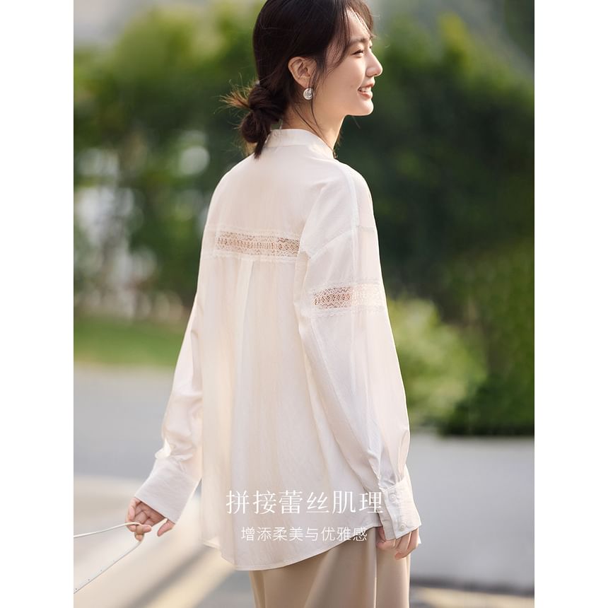 Stand-Collar Long-Sleeve Lace Blouse - LaceLux