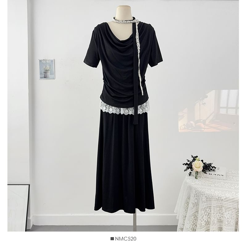 Cowl-Neck Ruched Top with Maxi Skirt Set - LaceLux