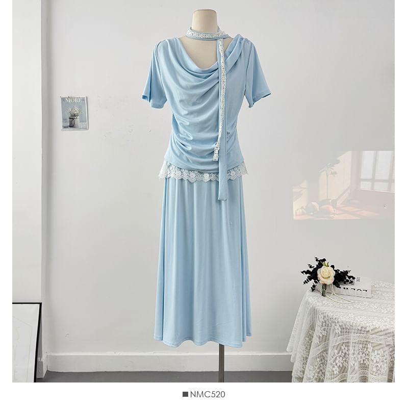 Cowl-Neck Ruched Top with Maxi Skirt Set - LaceLux