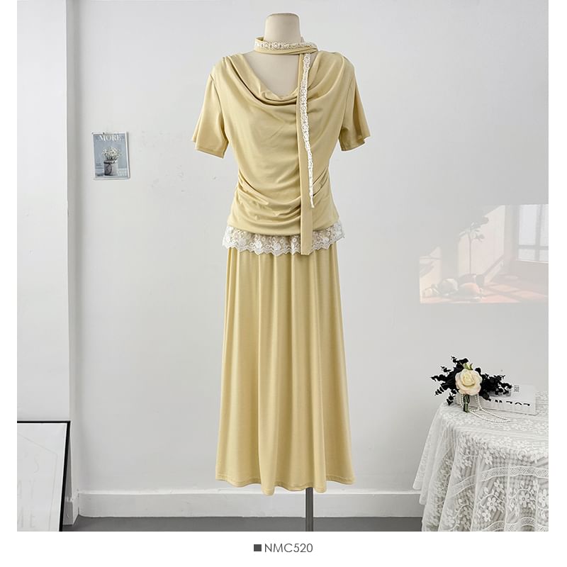 Cowl-Neck Ruched Top with Maxi Skirt Set - LaceLux