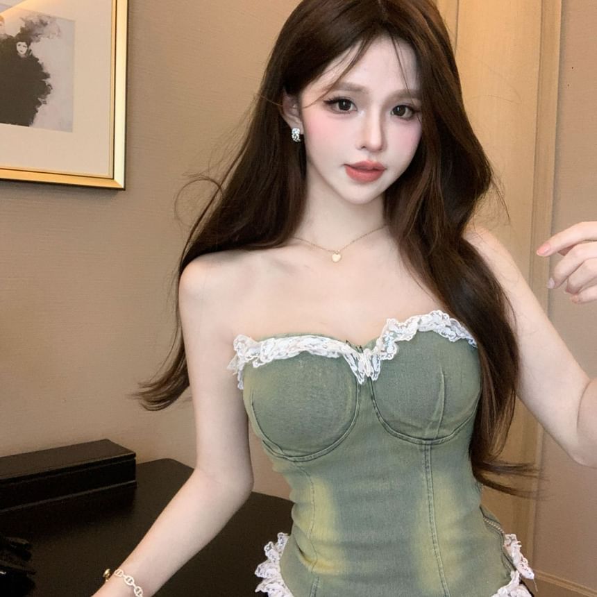 Strapless Denim Bustier with Lace Trim - LaceLux