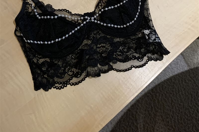 Beaded Sleeveless Lace Crop Top - LaceLux