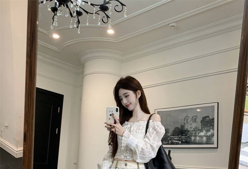 Off-Shoulder Lace Crop Blouse with Baggy Pants