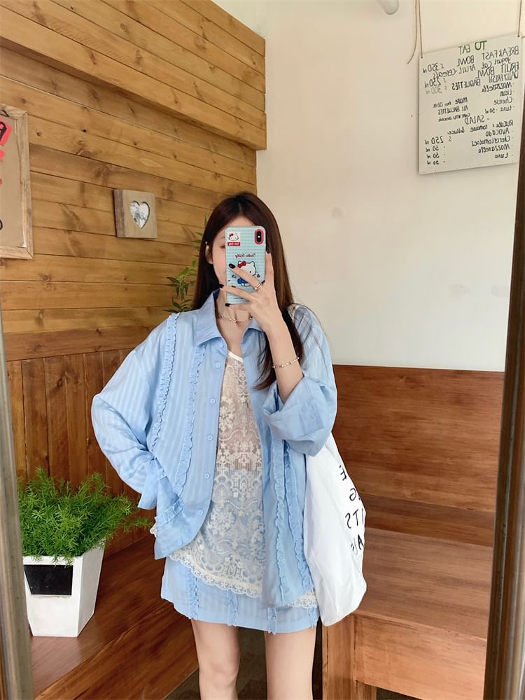 Frill Collared Shirt with Shorts and Tank
