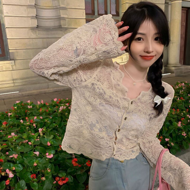V-Neck Long-Sleeved Lace Button-Up - LaceLux