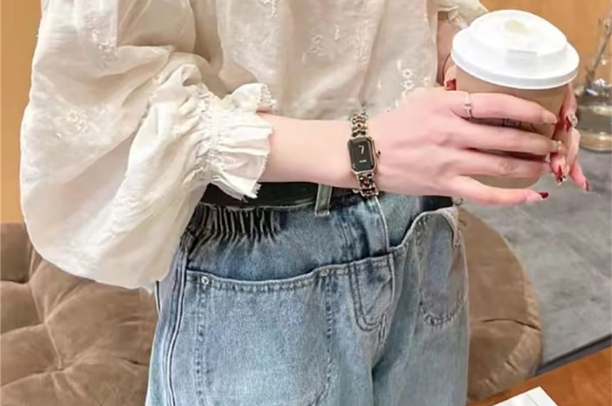 Ruffled Puff-Sleeve Blouse with Knit Vest - LaceLux