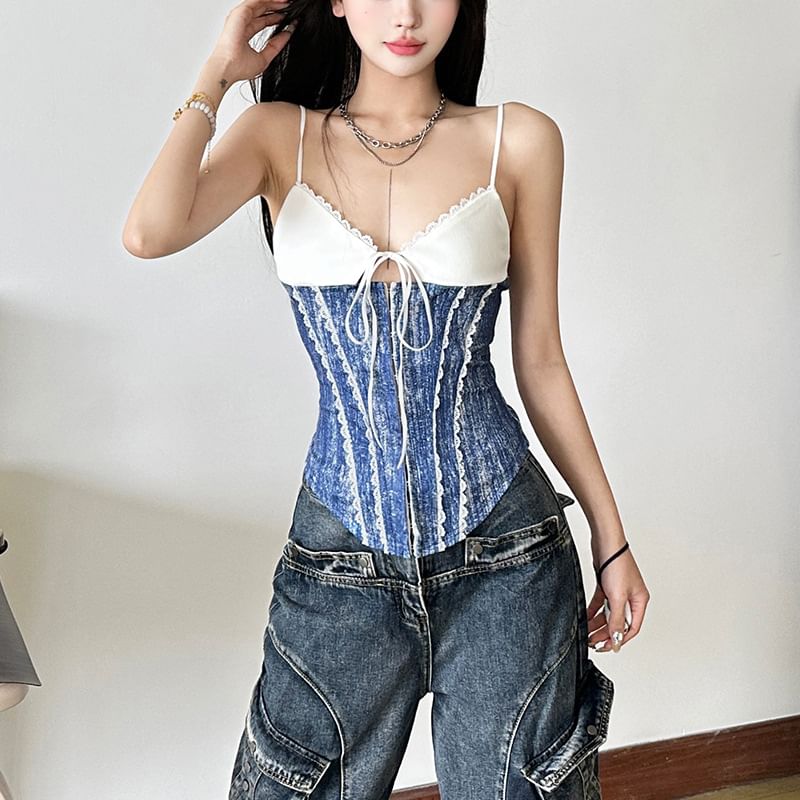 Denim-Paneled Cami with Lace Trim and Tie