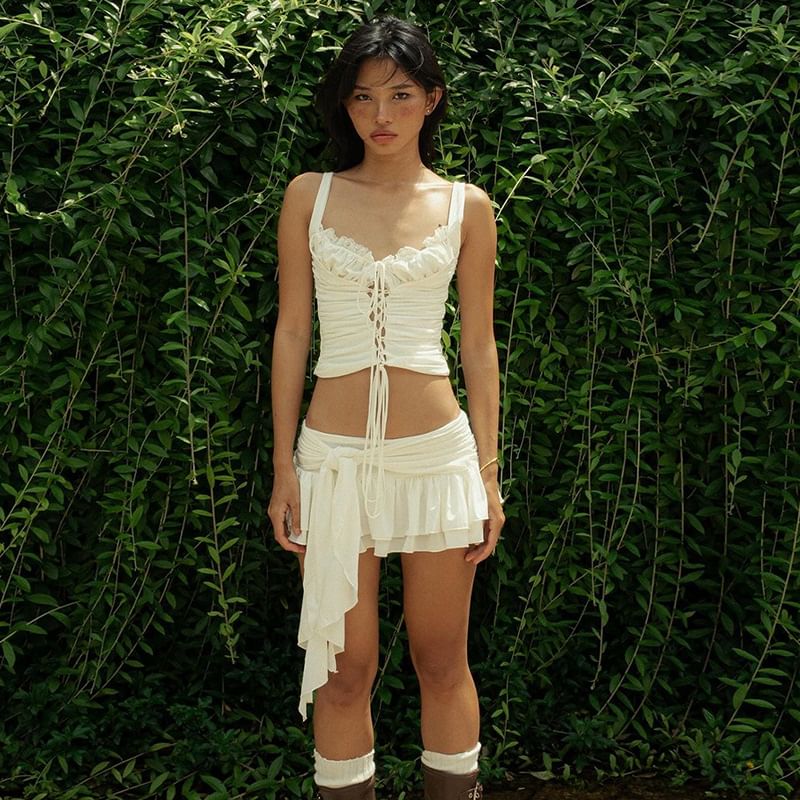 Tie-Up Crop Tank with Lace and Mini Skirt