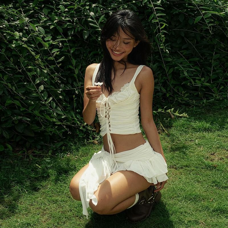 Tie-Up Crop Tank with Lace and Mini Skirt