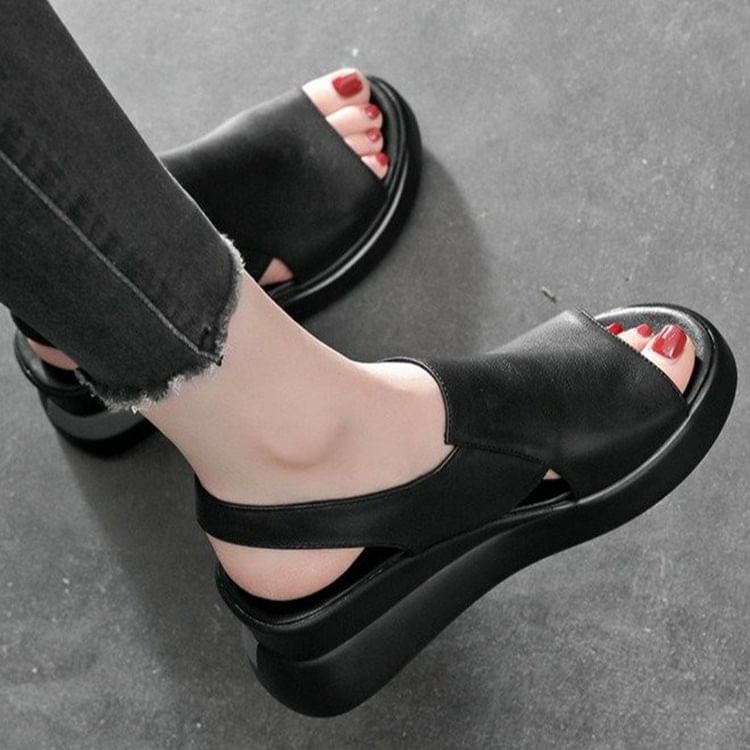 Slingback Sandals Plain Wedge Faux Heel Leather