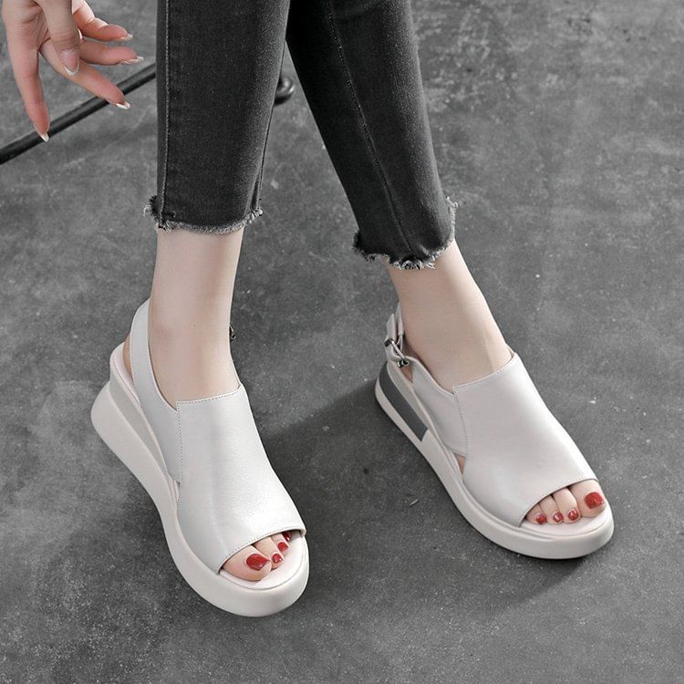 Slingback Sandals Plain Wedge Faux Heel Leather