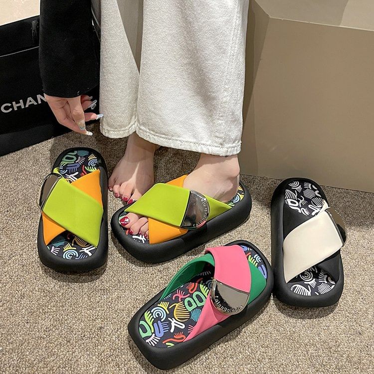 Cross Leather Two Platform Sandals Tone Strap Faux