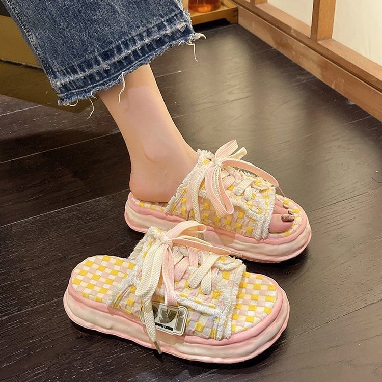 Frayed Platform Sandals Sneakers Lace-Up Checkerboard