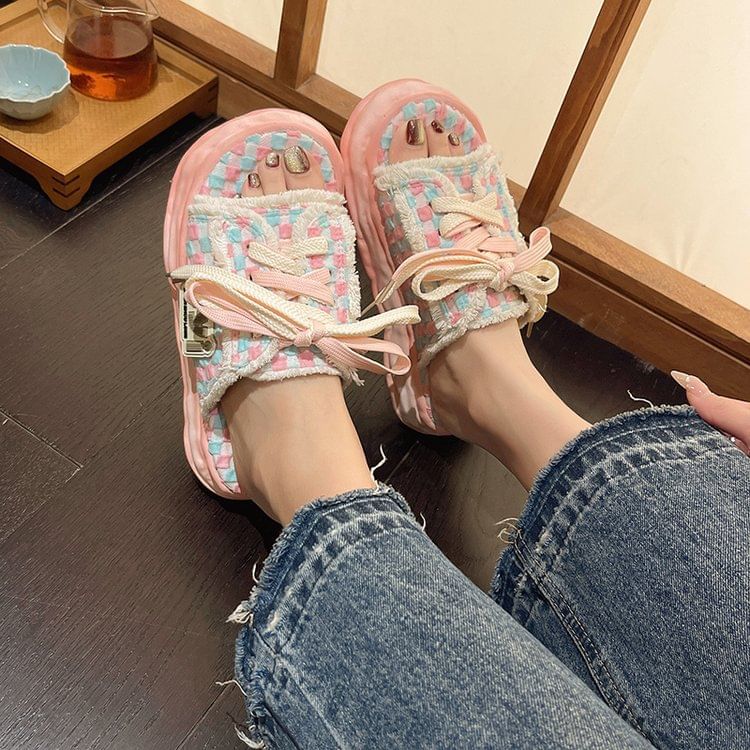 Frayed Platform Sandals Sneakers Lace-Up Checkerboard