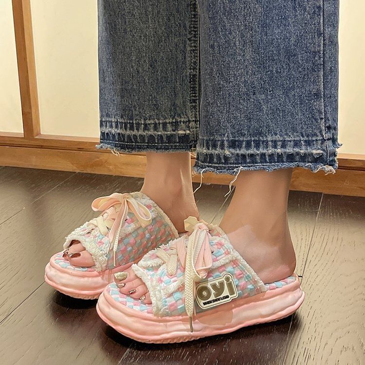 Frayed Platform Sandals Sneakers Lace-Up Checkerboard