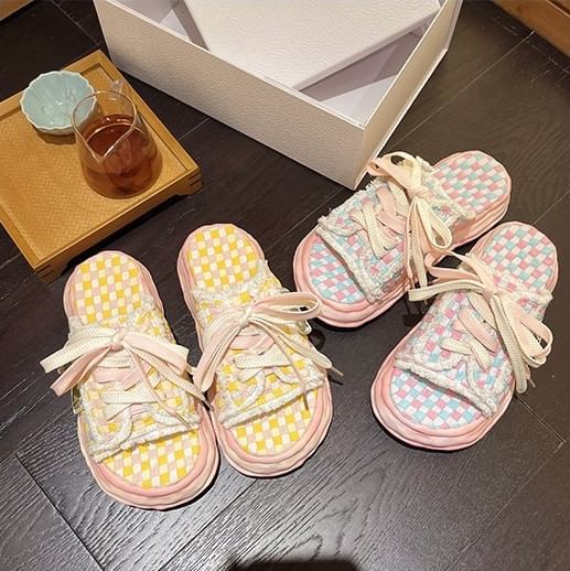 Frayed Platform Sandals Sneakers Lace-Up Checkerboard
