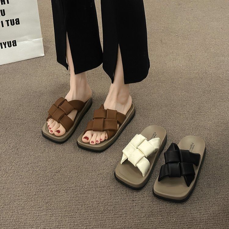 Woven Toe Sandals Leather Square Faux Platform