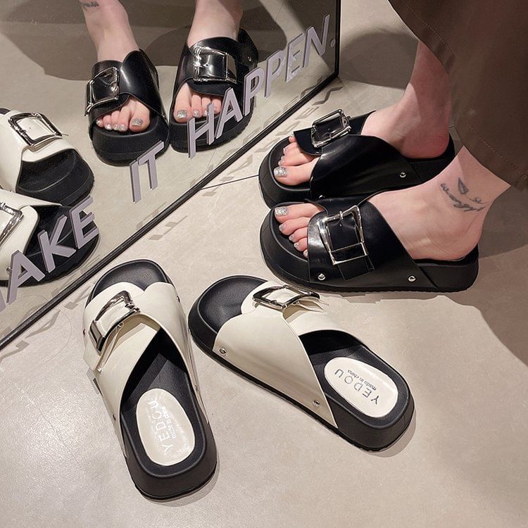 Sandals Leather Faux Buckled Platform