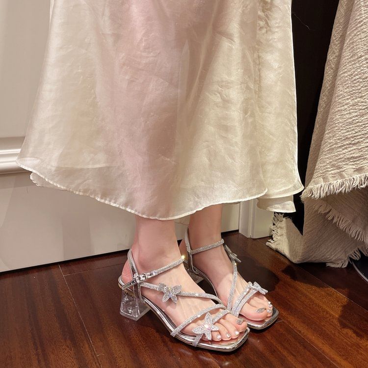 Toe Butterfly Strap Heel Sandals Rhinestone Ankle Chunky Square