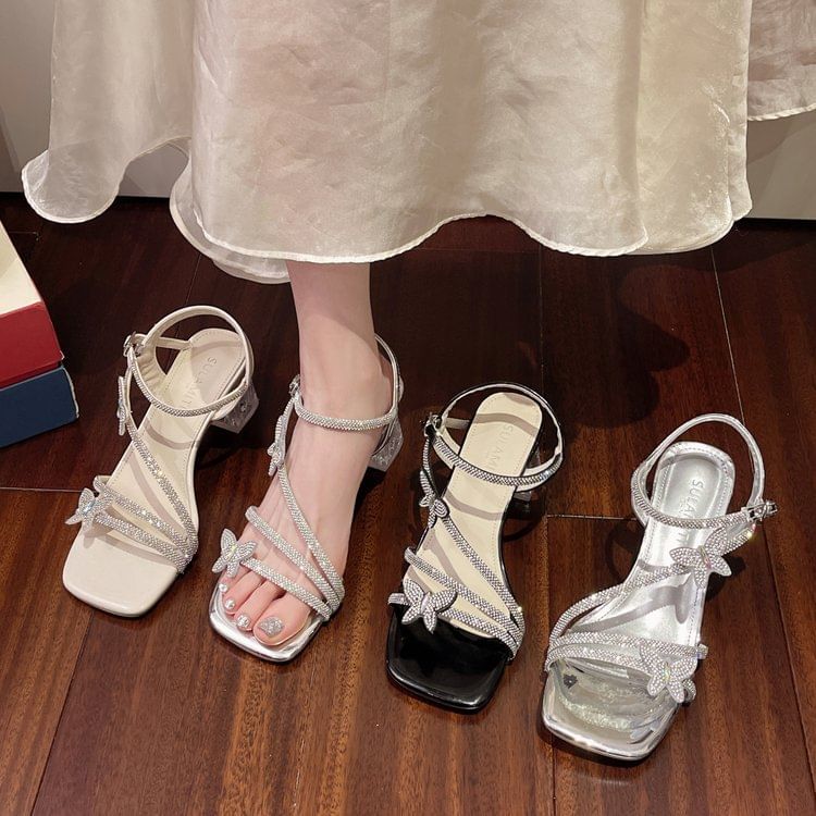 Toe Butterfly Strap Heel Sandals Rhinestone Ankle Chunky Square