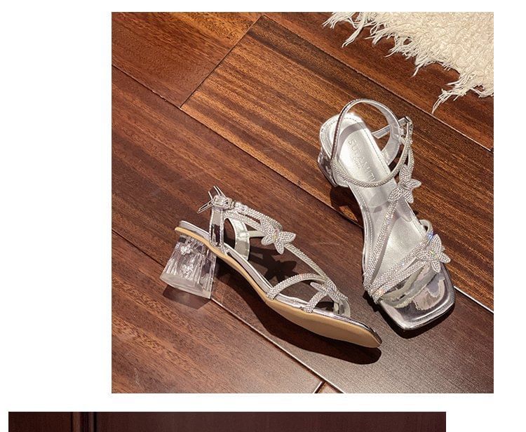 Toe Butterfly Strap Heel Sandals Rhinestone Ankle Chunky Square