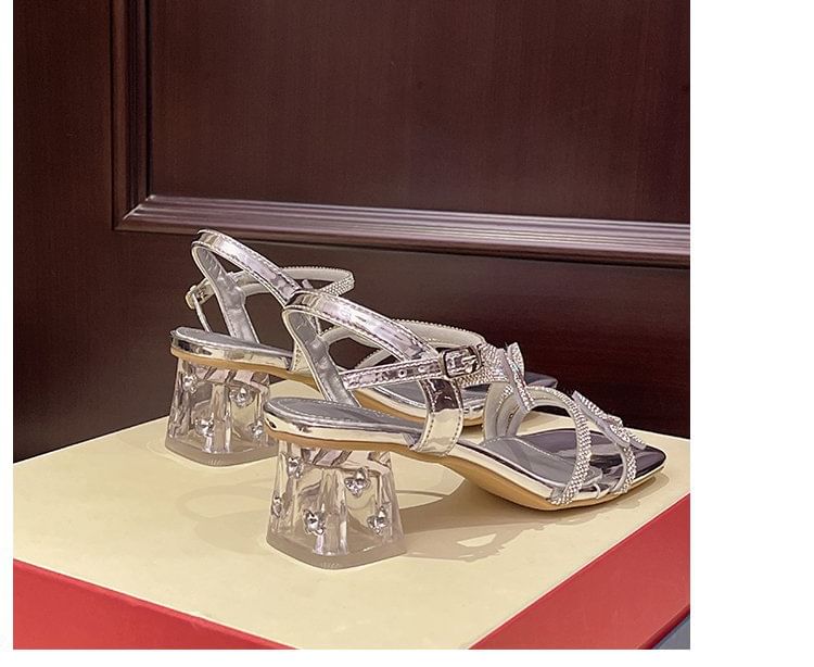 Toe Butterfly Strap Heel Sandals Rhinestone Ankle Chunky Square