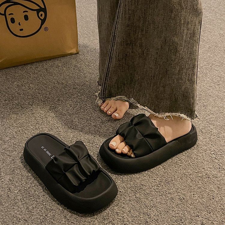 Slide Faux Platform Leather Ruched Sandals Plain