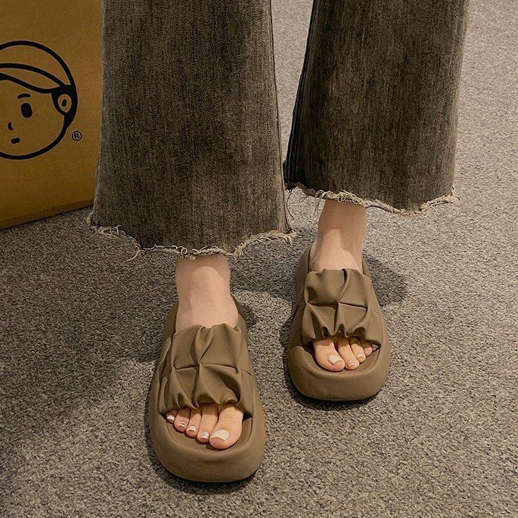 Slide Faux Platform Leather Ruched Sandals Plain