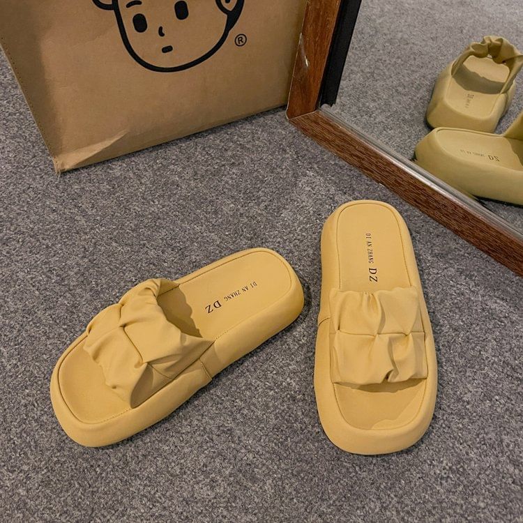 Slide Faux Platform Leather Ruched Sandals Plain