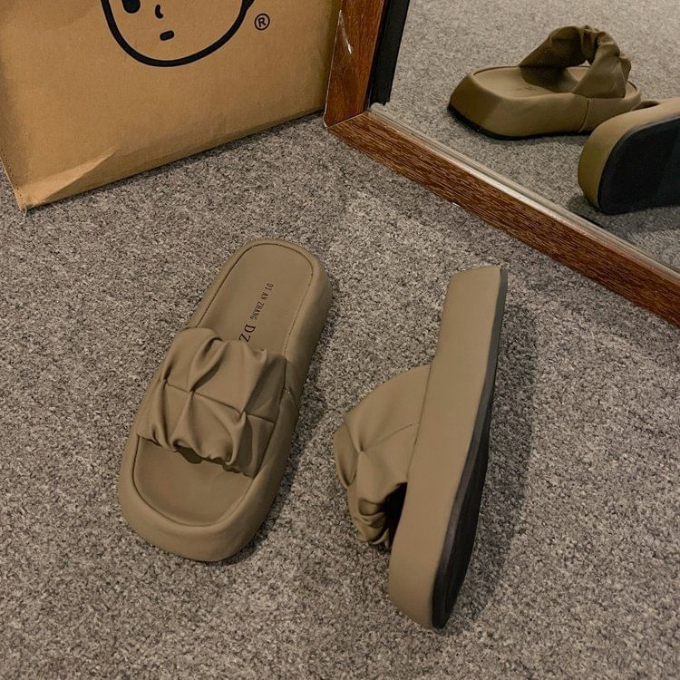 Slide Faux Platform Leather Ruched Sandals Plain