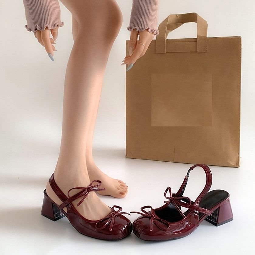 Slingback Block Accent Ribbon Sandals Heel