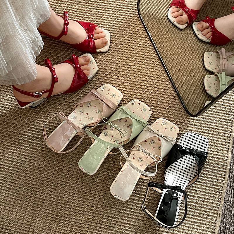 Low Floral Heel Sandals Print Toe Square
