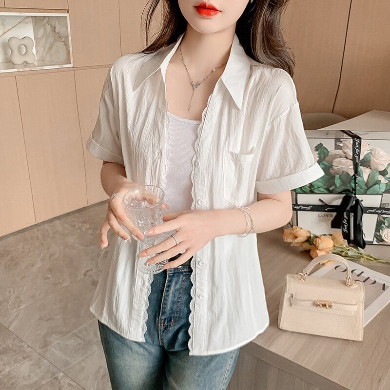 Button-Up Lace Blouse with Collar and Short Sleeves