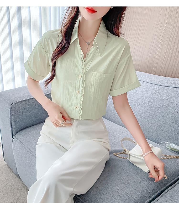 Button-Up Lace Blouse with Collar and Short Sleeves