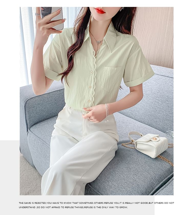 Button-Up Lace Blouse with Collar and Short Sleeves