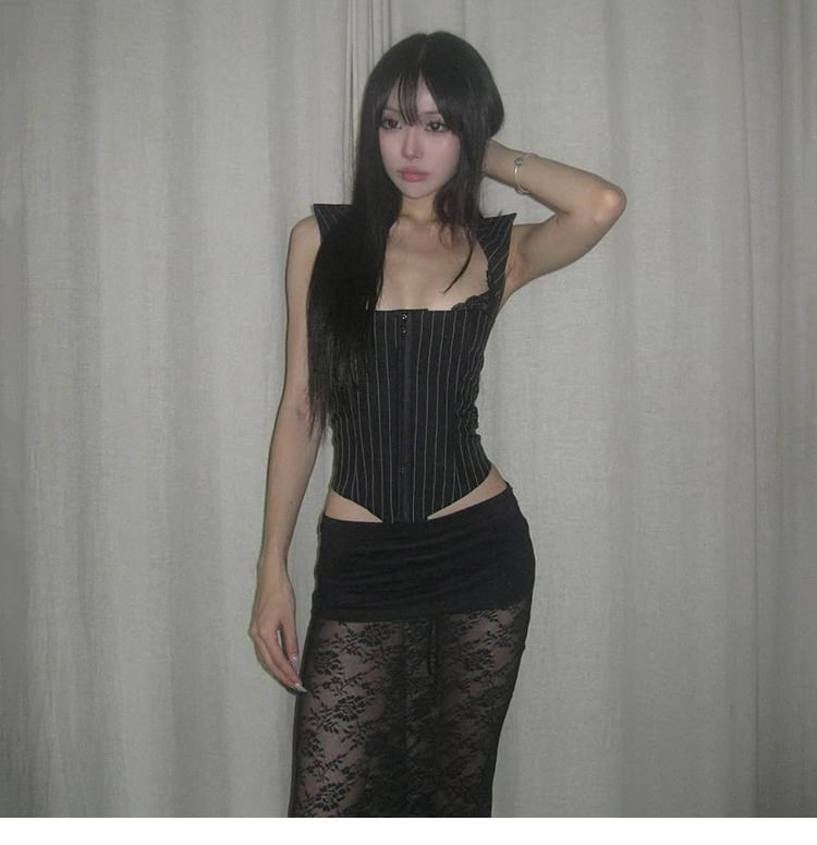 Striped Halter Crop Top with Lace Panels