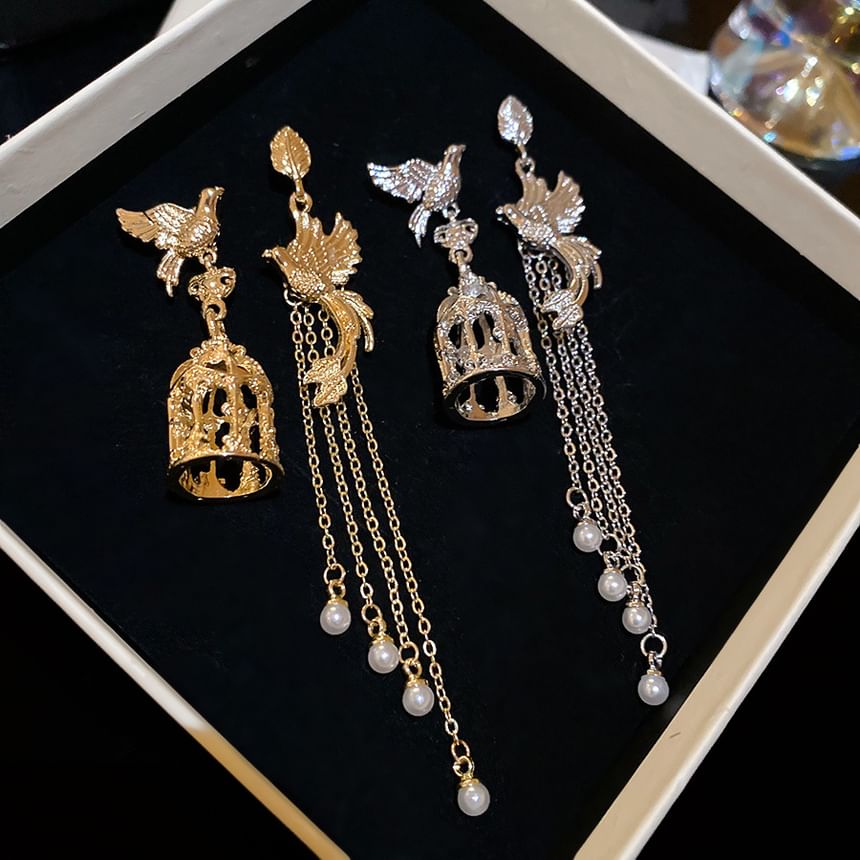 Cage Pearl Dangle Bird Faux Earring Alloy Asymmetrical